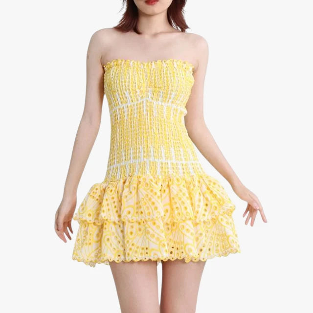 Dame Elegant Mini Sommerkjole med Bandeau og Flæseskørt