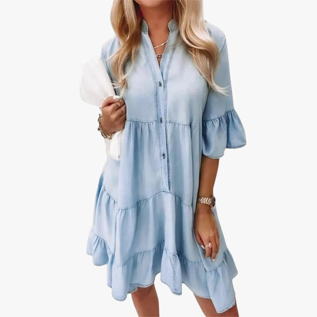 Dame Elegant Mini Sommerkjole med Knapper og Flæser