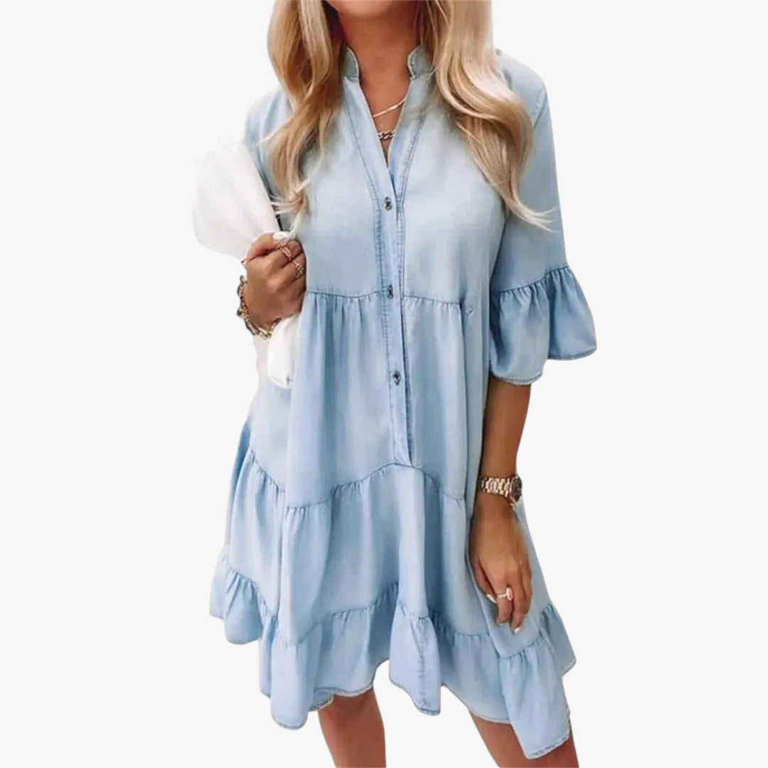 Dame Elegant Mini Sommerkjole med Knapper og Flæser
