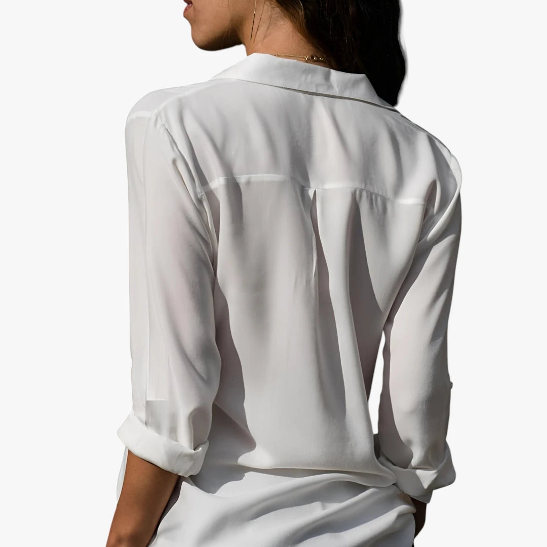 Dame Elegant Skjortebluse med V-Udskæring og Knapper