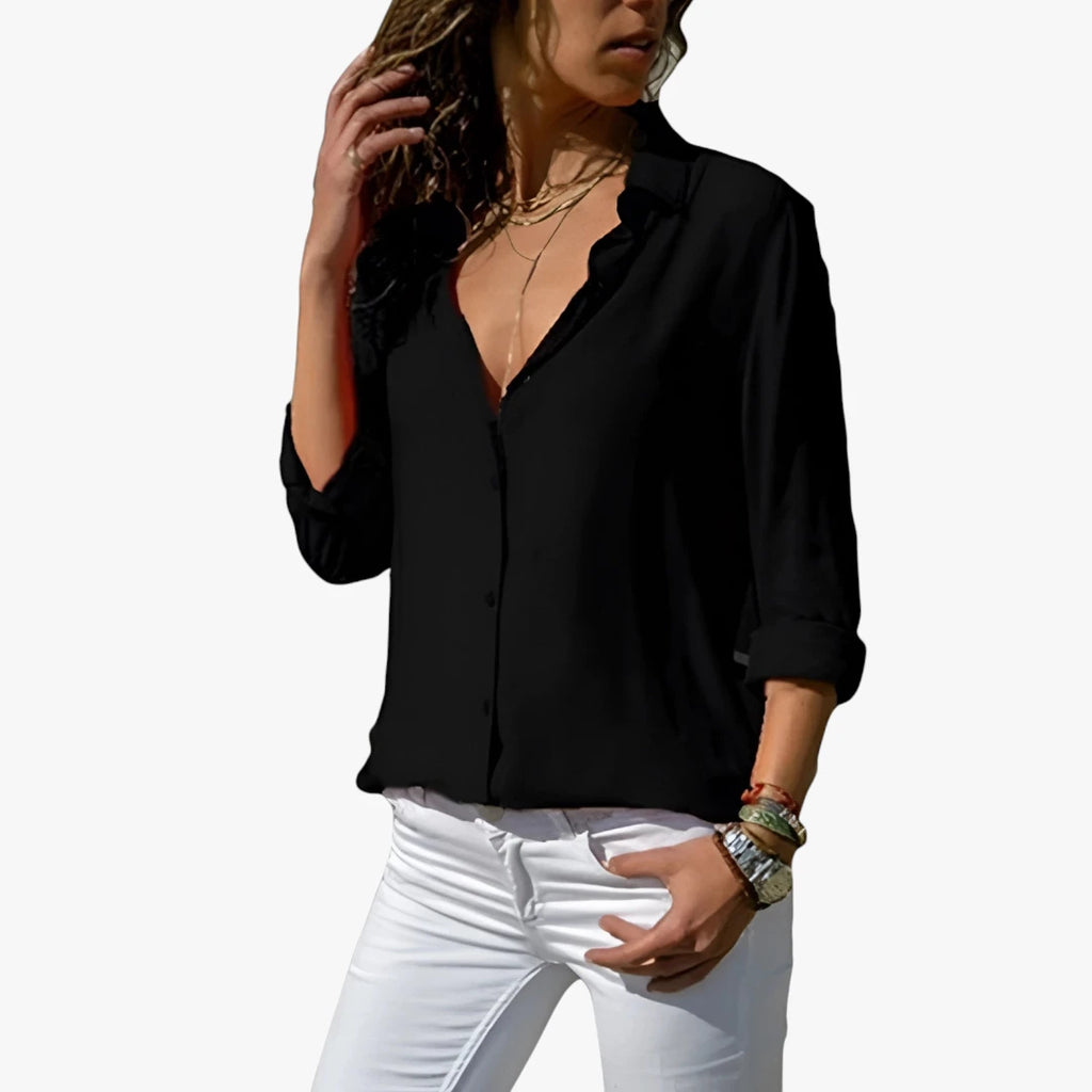 Dame Elegant Skjortebluse med V-Udskæring og Knapper