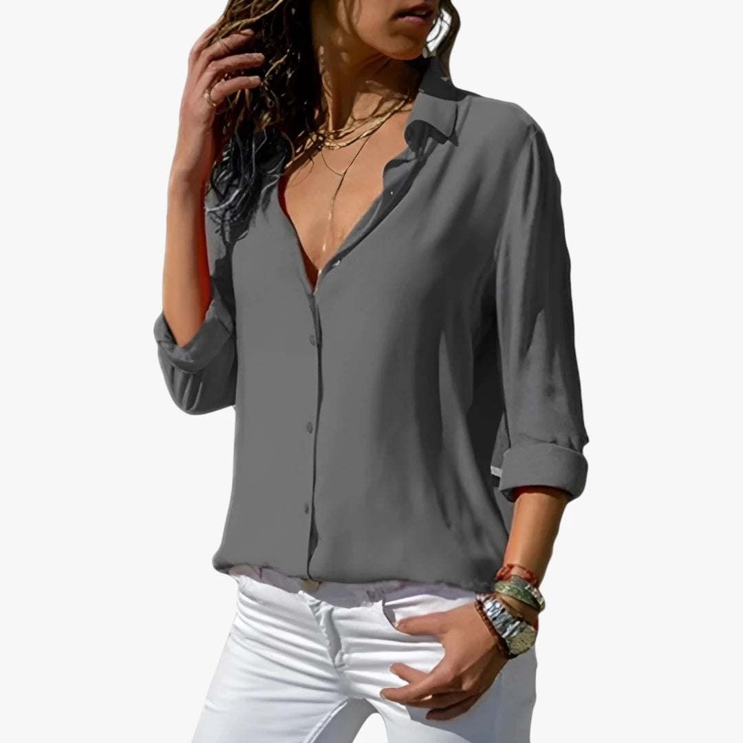 Dame Elegant Skjortebluse med V-Udskæring og Knapper