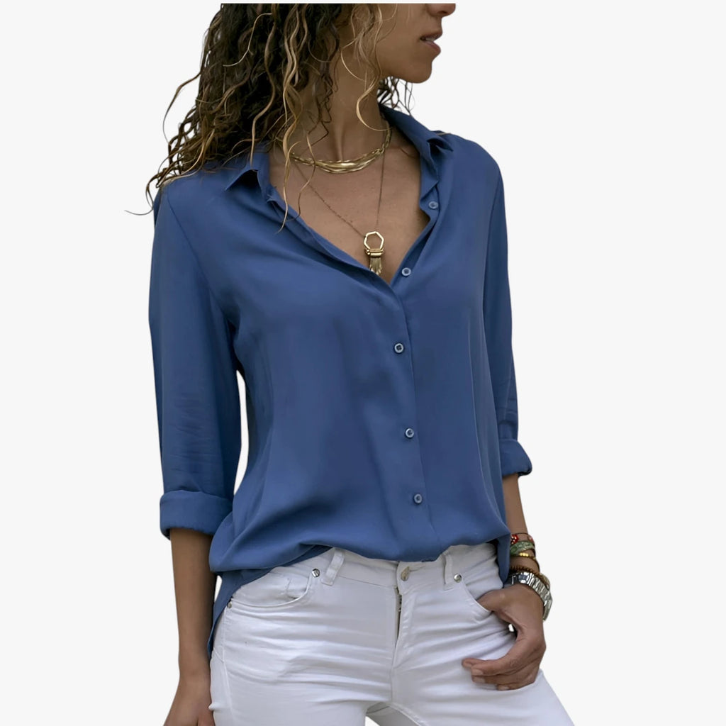 Dame Elegant Skjortebluse med V-Udskæring og Knapper