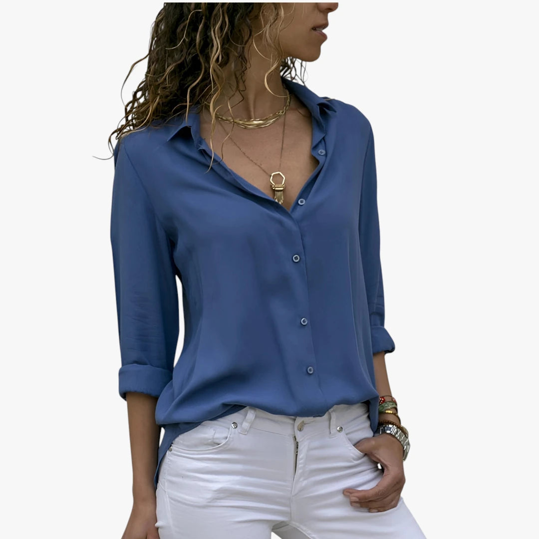 Dame Elegant Skjortebluse med V-Udskæring og Knapper