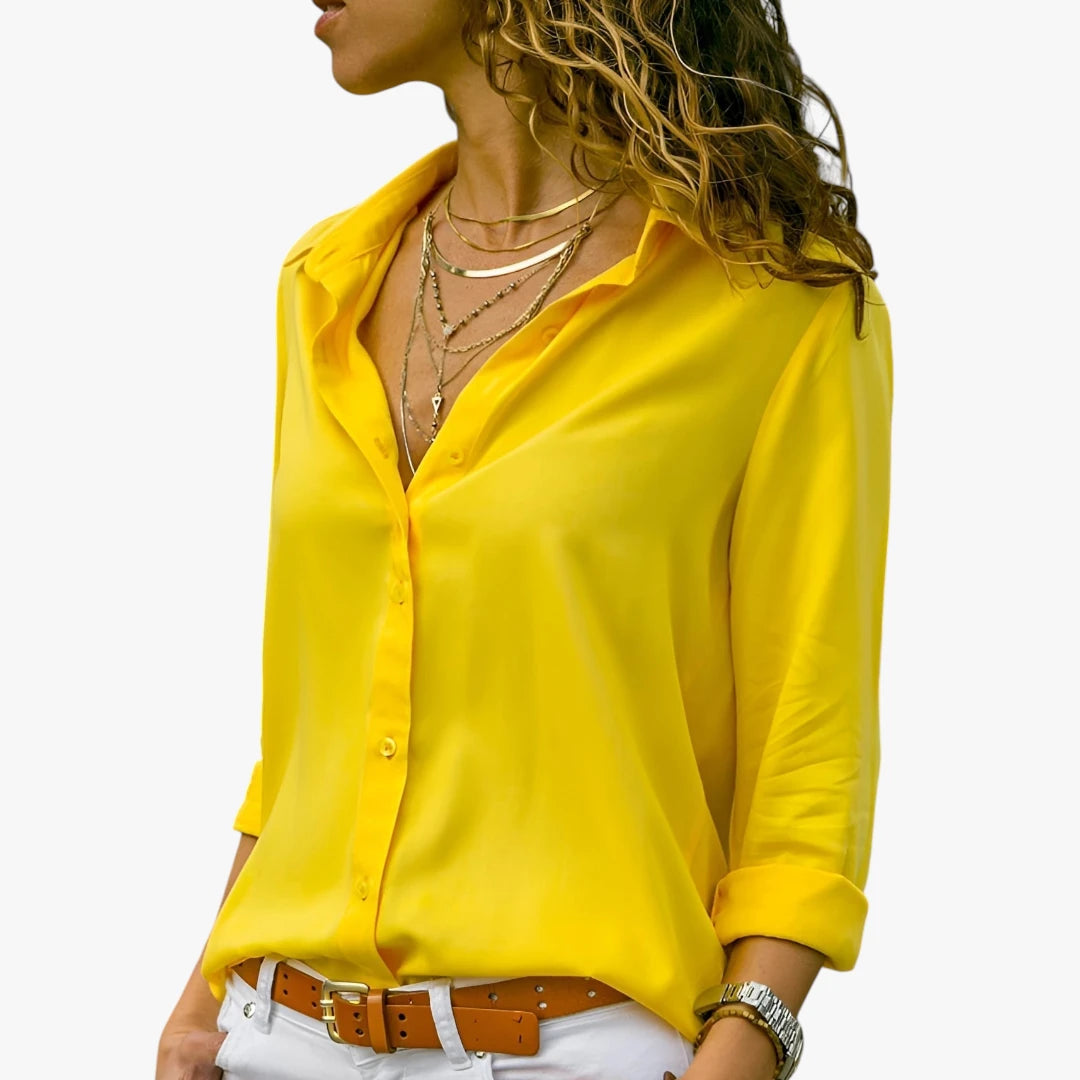 Dame Elegant Skjortebluse med V-Udskæring og Knapper