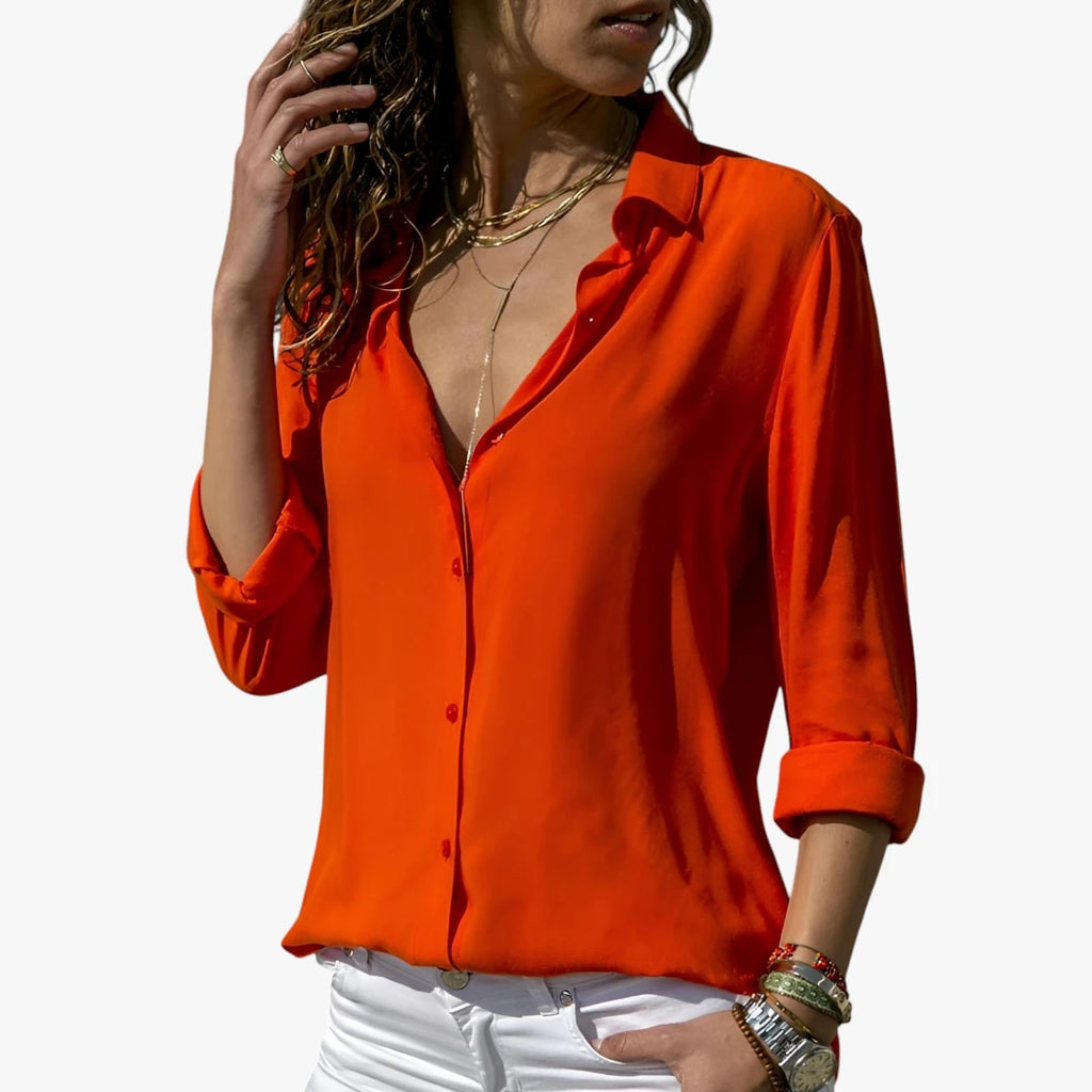 Dame Elegant Skjortebluse med V-Udskæring og Knapper