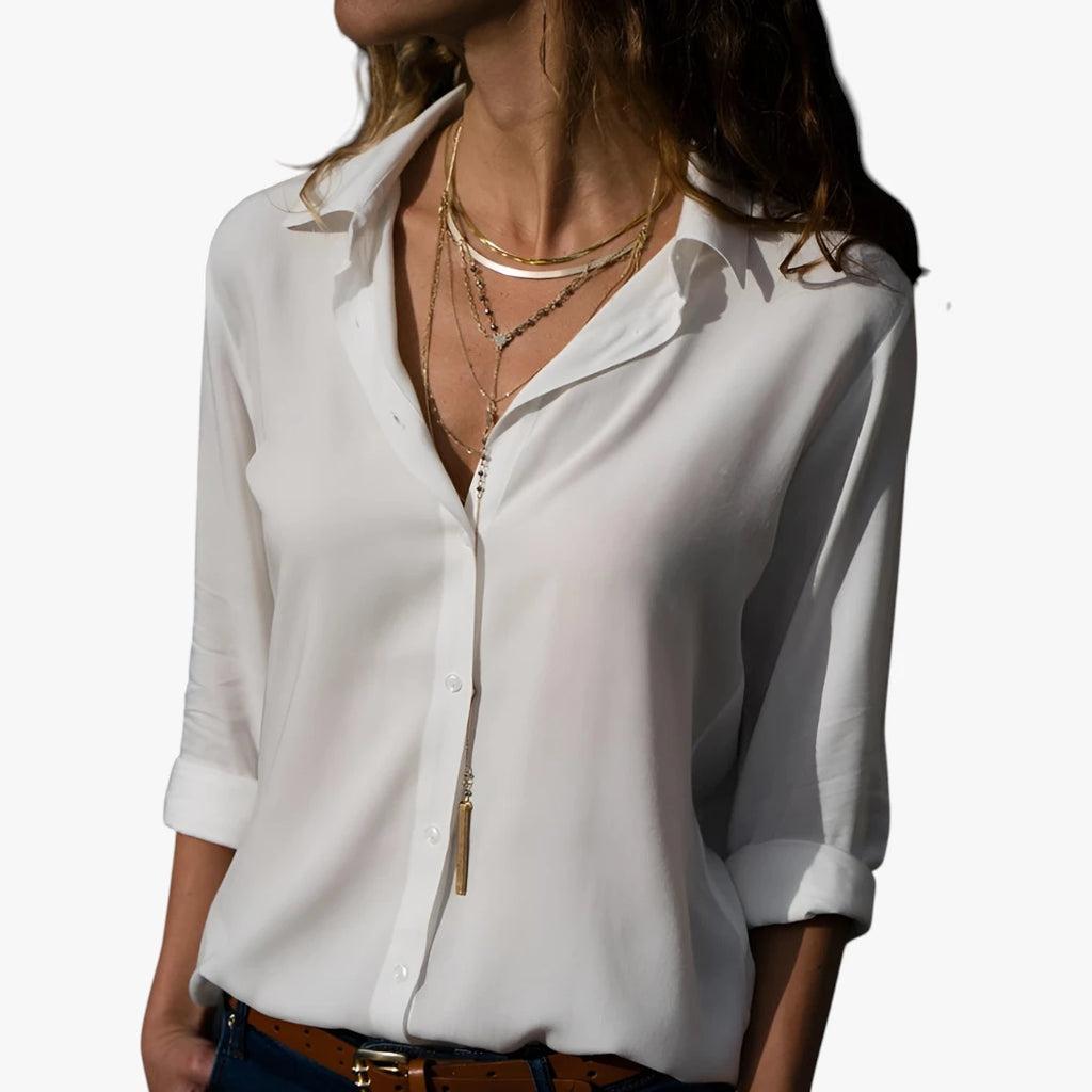 Dame Elegant Skjortebluse med V-Udskæring og Knapper
