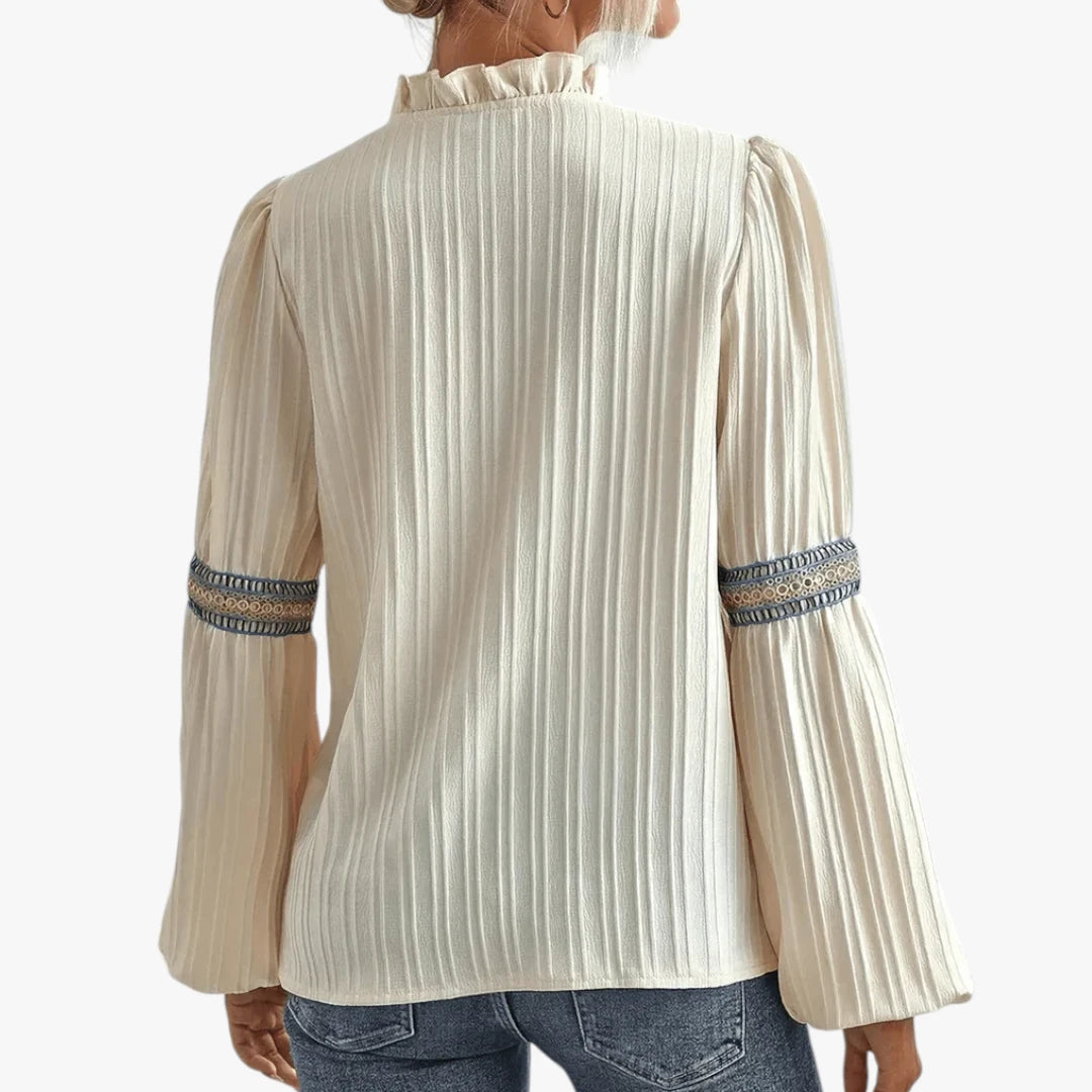 Dame Elegant Sommerbluse med Broderi og V-Udskæring