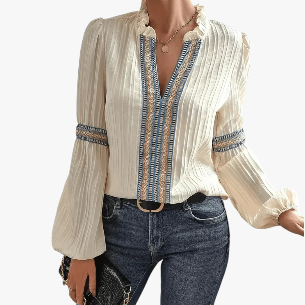 Dame Elegant Sommerbluse med Broderi og V-Udskæring