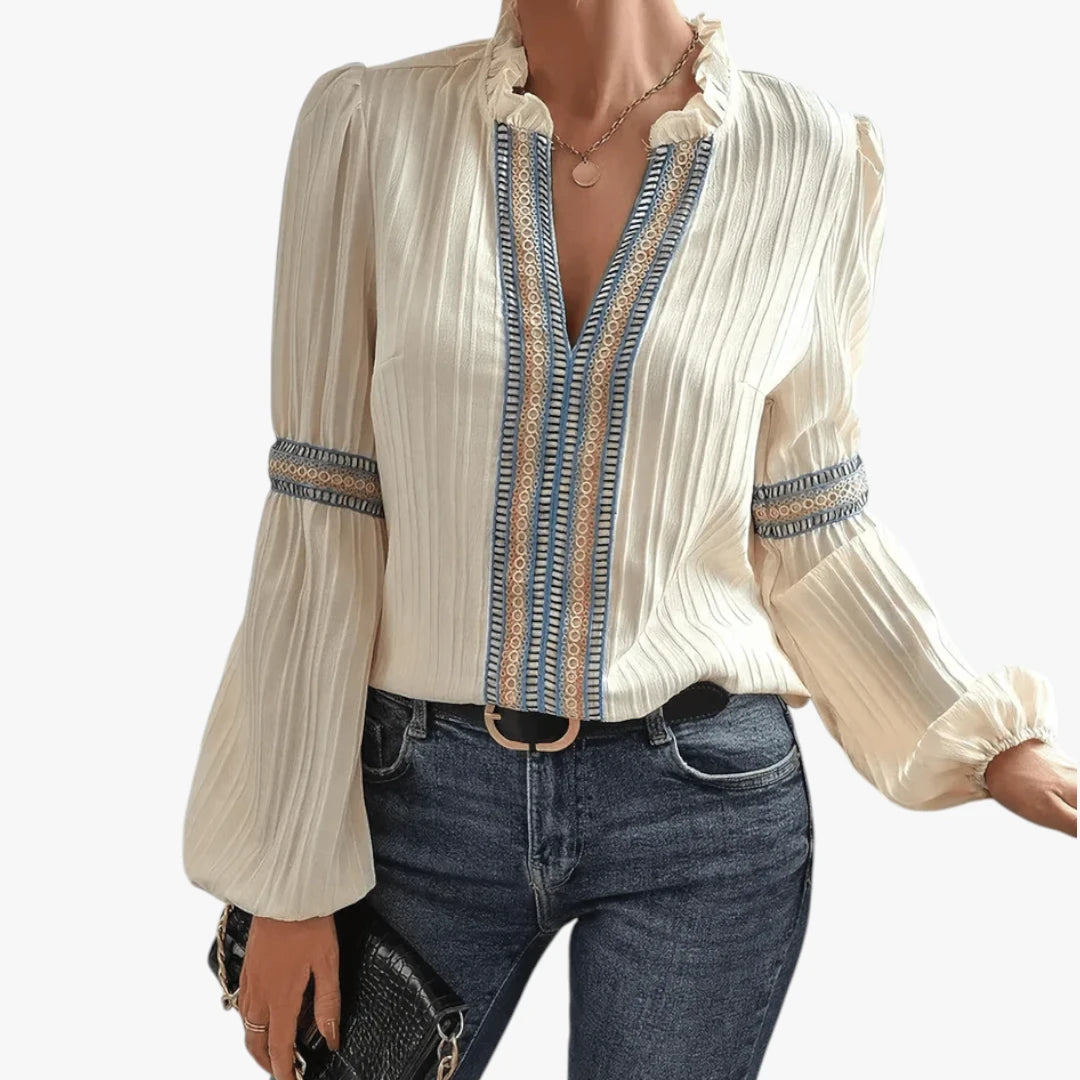 Dame Elegant Sommerbluse med Broderi og V-Udskæring
