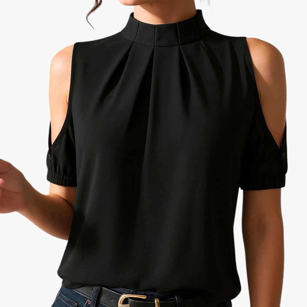 Dame Elegant Sommerbluse med Høj Hals og Åbne Skuldre