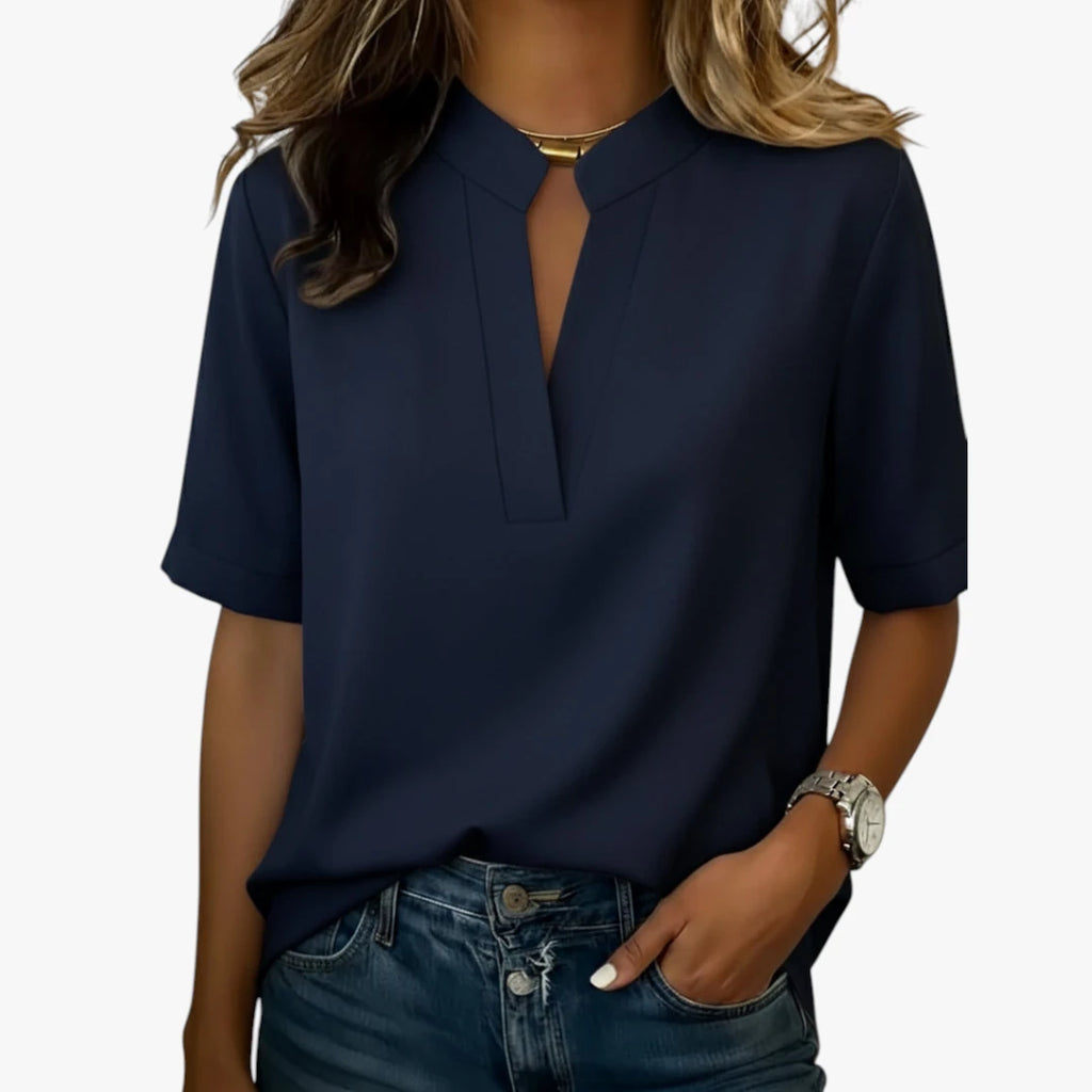 Dame Elegant Sommerbluse med Kinakrave og V-Udskæring
