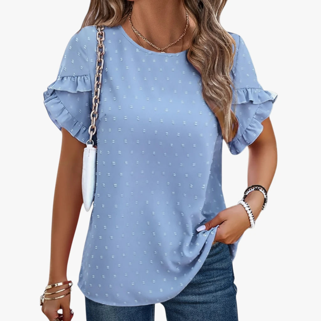 Dame Elegant Sommerbluse med Kortærmet og Flæser Design