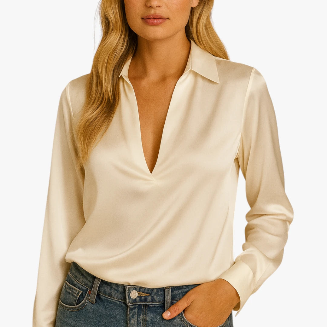 Dame Elegant Sommerbluse med V-Udskæring og Krave