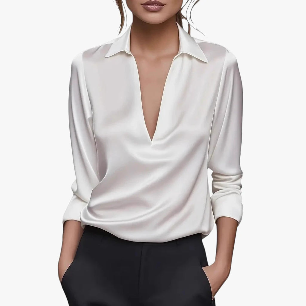Dame Elegant Sommerbluse med V-Udskæring og Krave