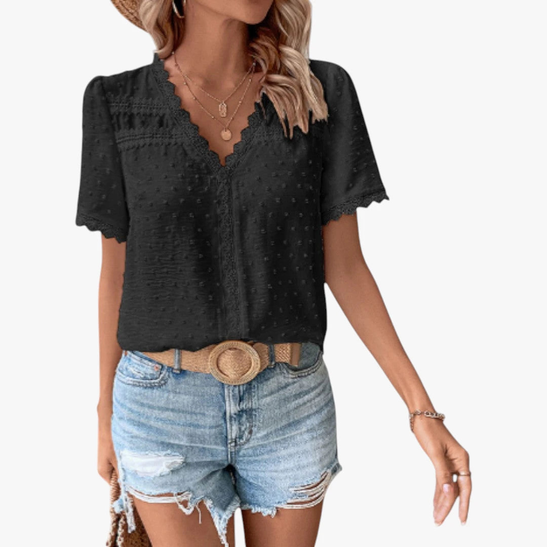 Dame Elegant Sommerbluse med V-udskæring og Blonder