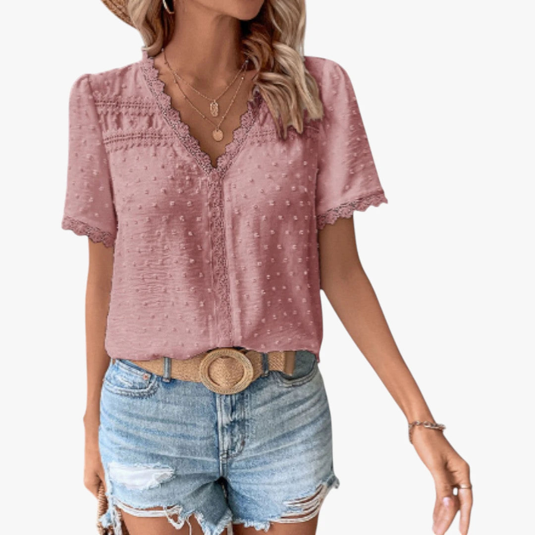 Dame Elegant Sommerbluse med V-udskæring og Blonder
