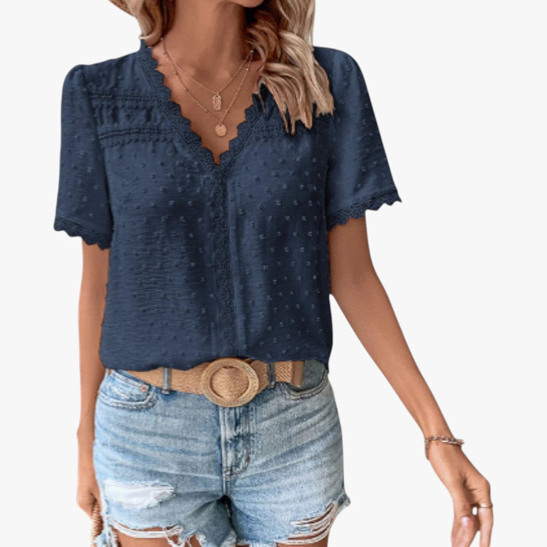 Dame Elegant Sommerbluse med V-udskæring og Blonder