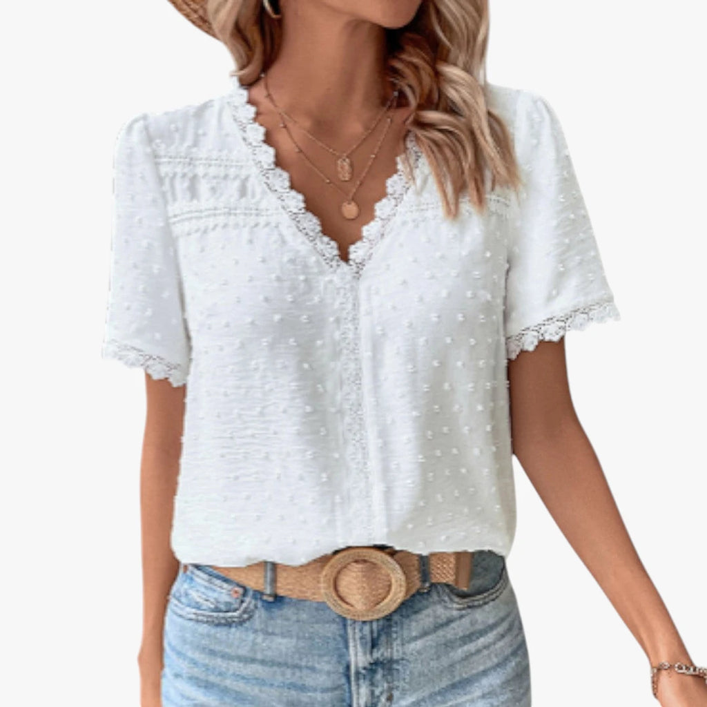 Dame Elegant Sommerbluse med V-udskæring og Blonder