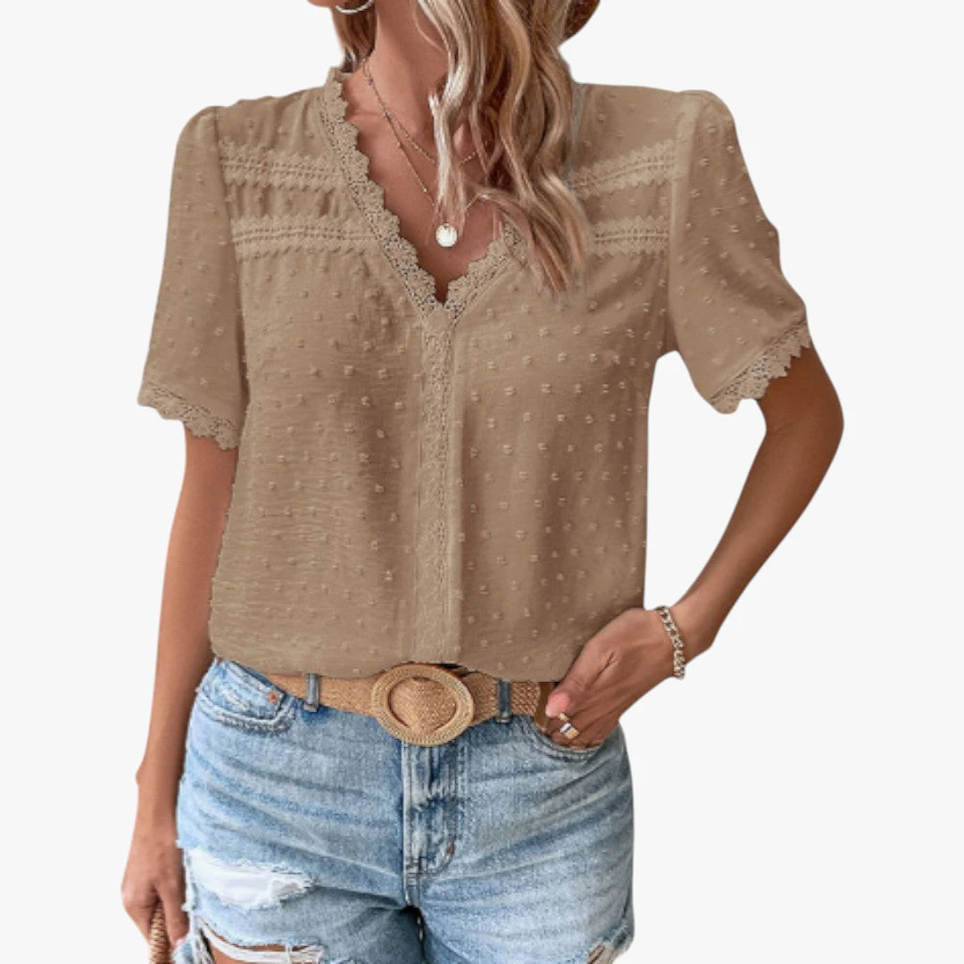 Dame Elegant Sommerbluse med V-udskæring og Blonder