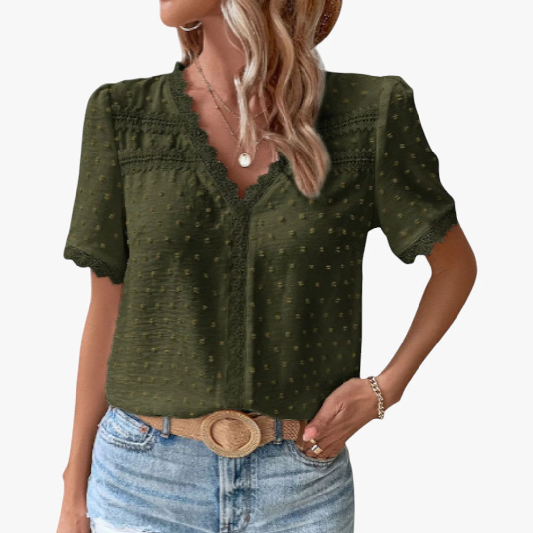 Dame Elegant Sommerbluse med V-udskæring og Blonder