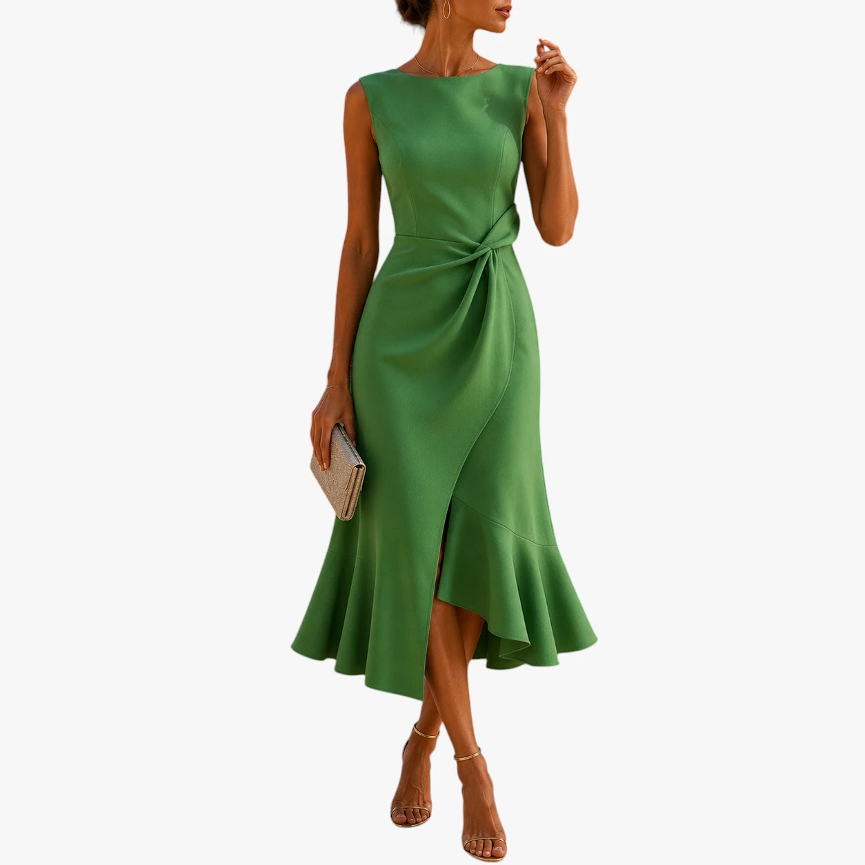 Dame Festlig Midi Sommerkjole med Flæser og Uden Ærmer
