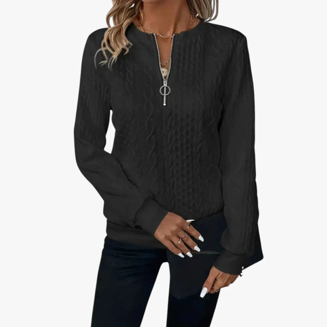 Dame Half Zip Sweater med Ribbet Manchetter