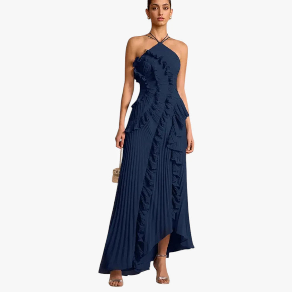 Dame Halterneck Maxi Kjole til Bryllup med Flæser
