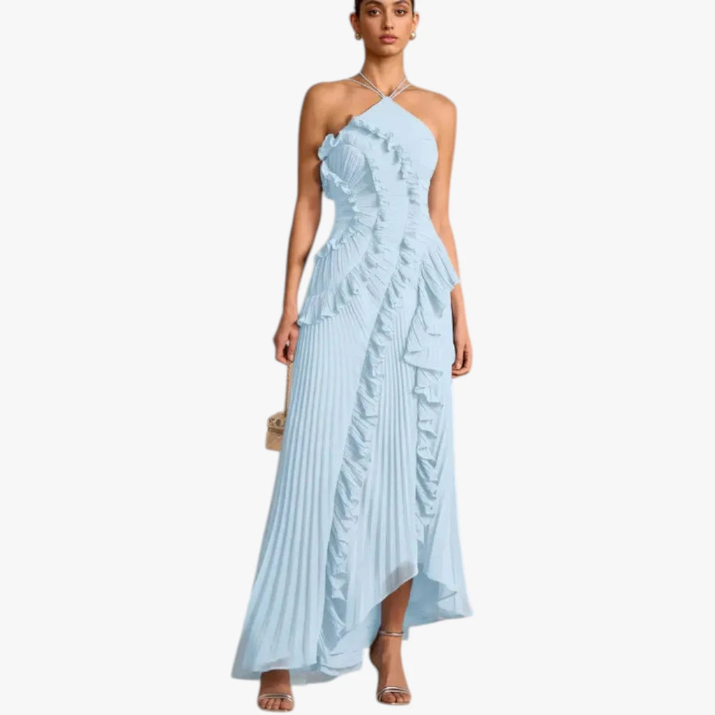 Dame Halterneck Maxi Kjole til Bryllup med Flæser