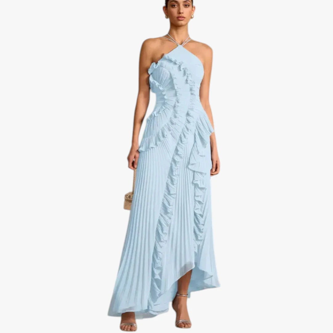 Dame Halterneck Maxi Kjole til Bryllup med Flæser