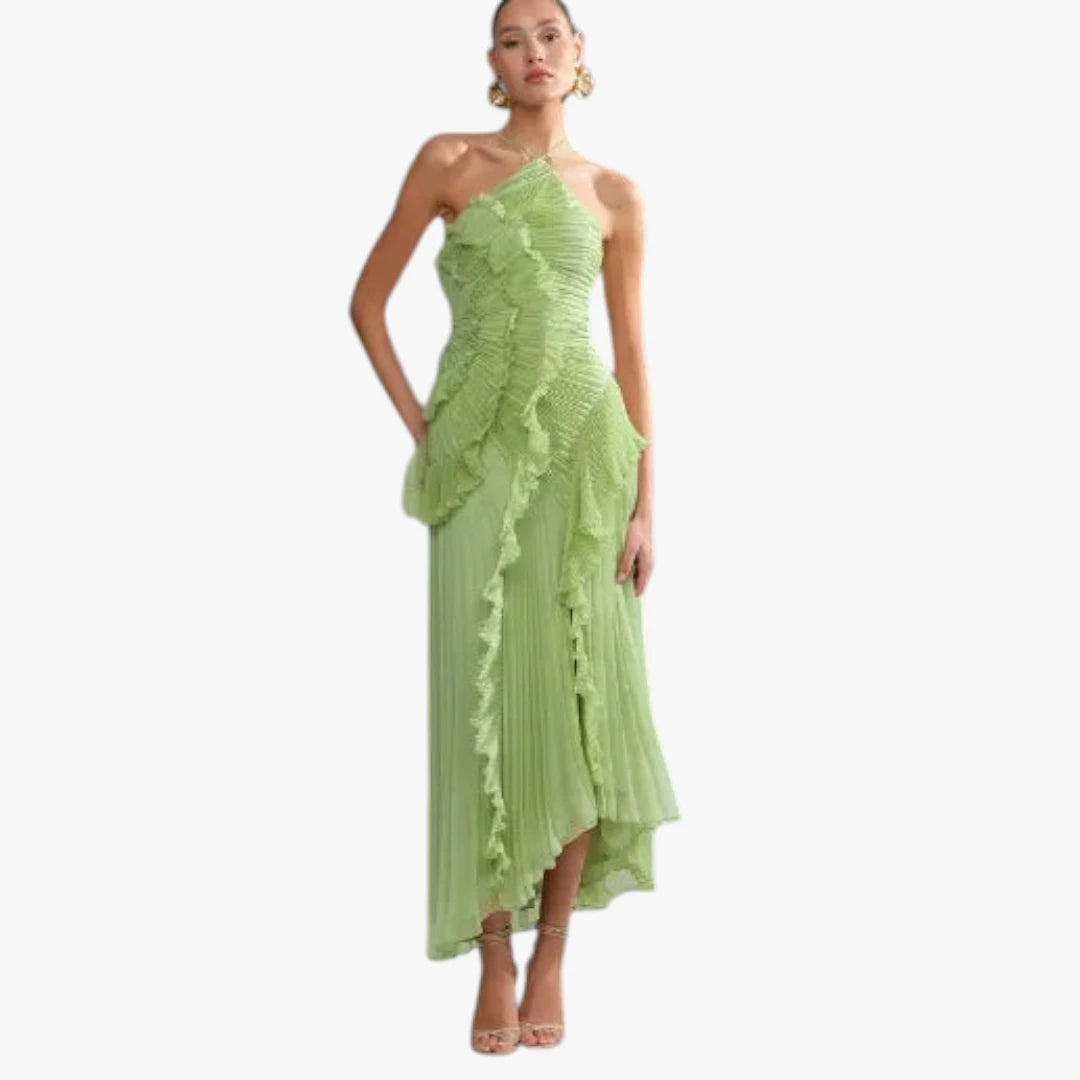 Dame Halterneck Maxi Kjole til Bryllup med Flæser