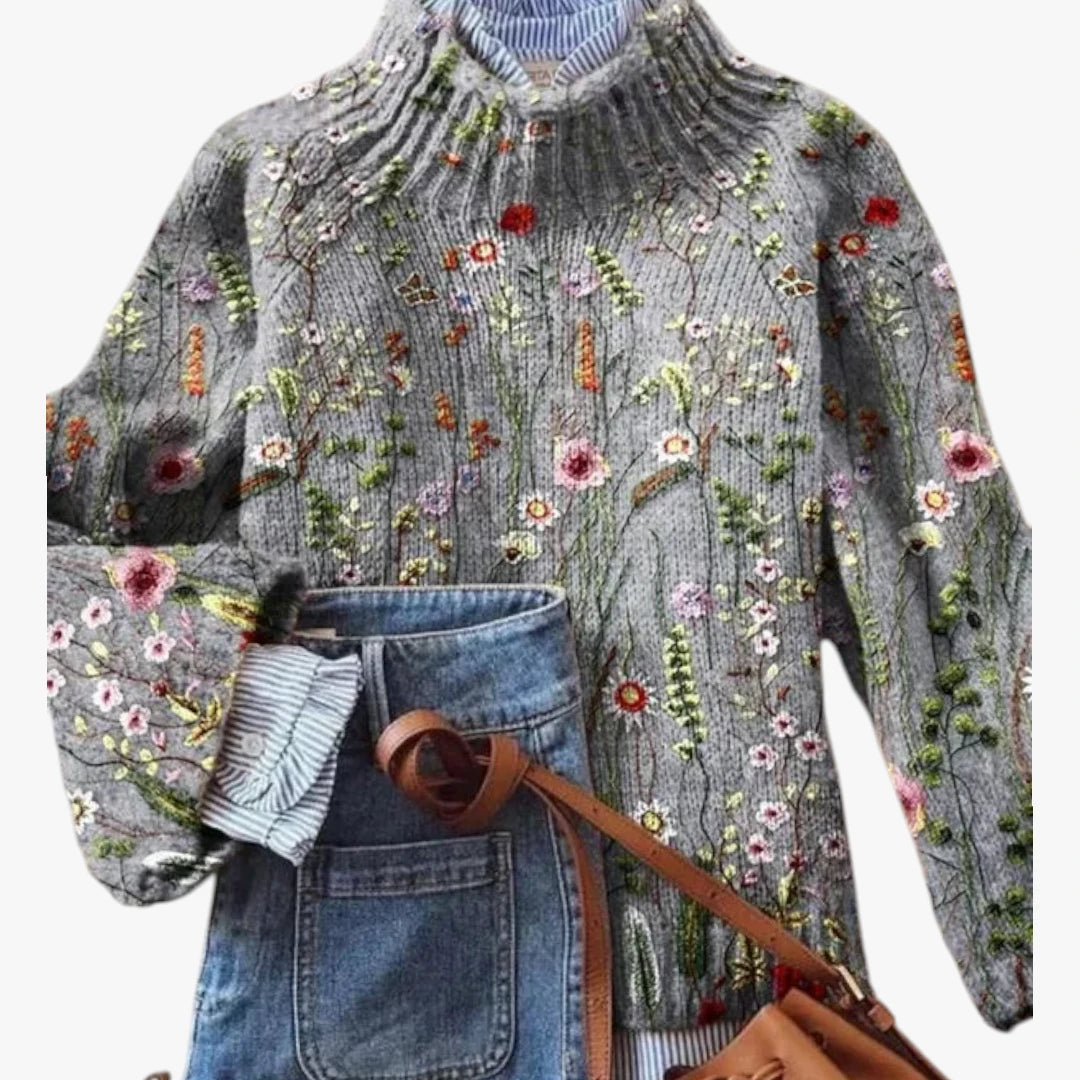 Dame Højhalset Striktrøje med Blomster Detalje