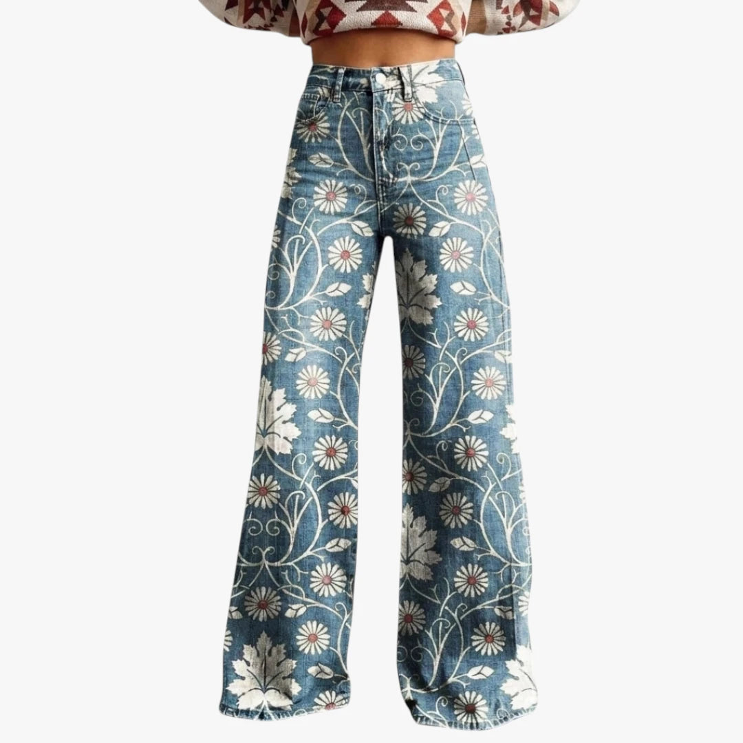 Dame Højtajlede Jeans med Print og Brede Ben