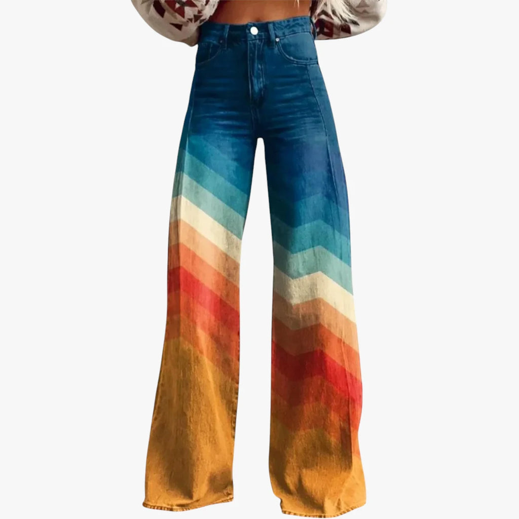 Dame Højtajlede Jeans med Print og Brede Ben