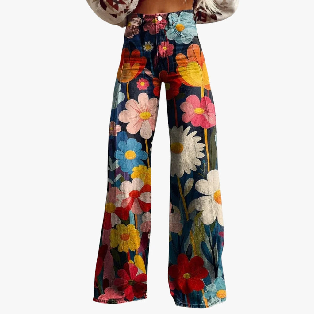Dame Højtajlede Jeans med Print og Brede Ben