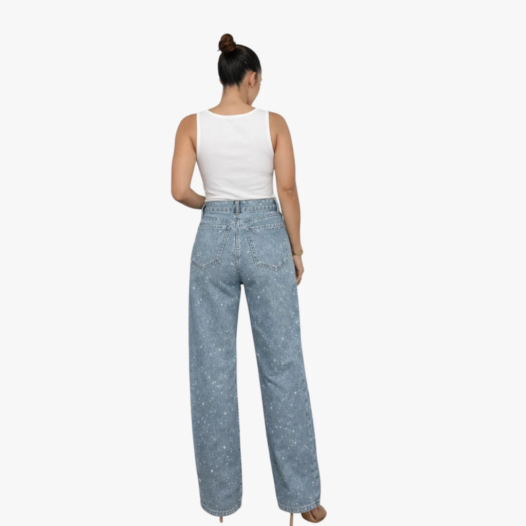 Dame Højtaljede Jeans med Glimmer og Brede Ben