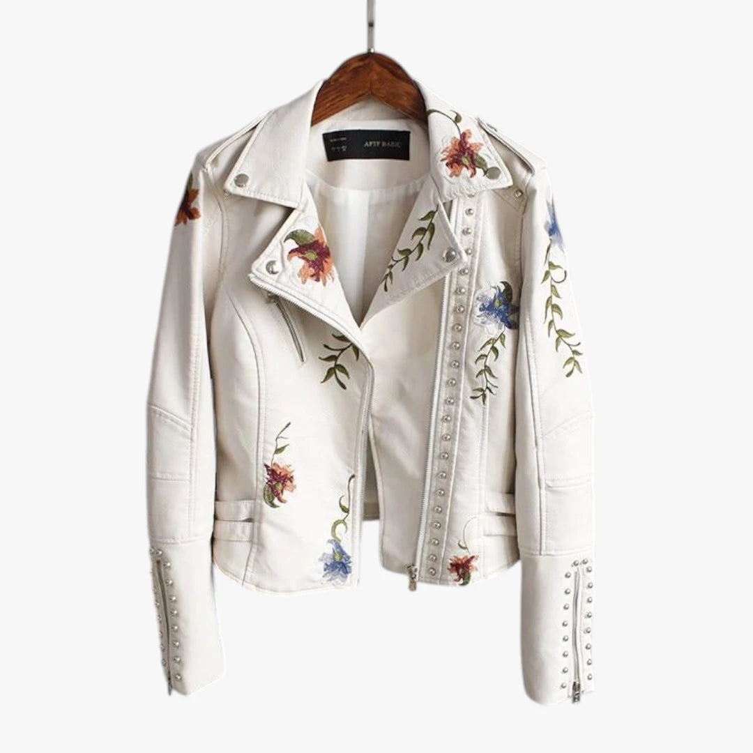 Dame Kort Læderjakke med  Blomster
