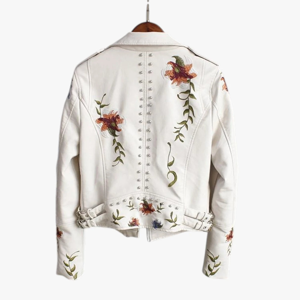 Dame Kort Læderjakke med  Blomster