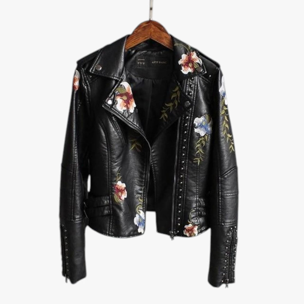 Dame Kort Læderjakke med  Blomster