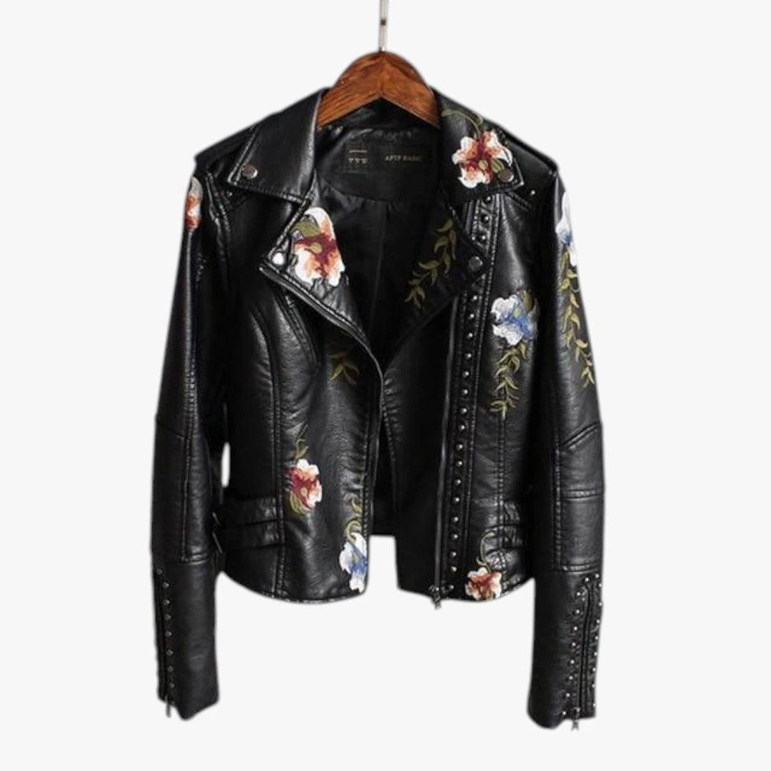Dame Kort Læderjakke med  Blomster