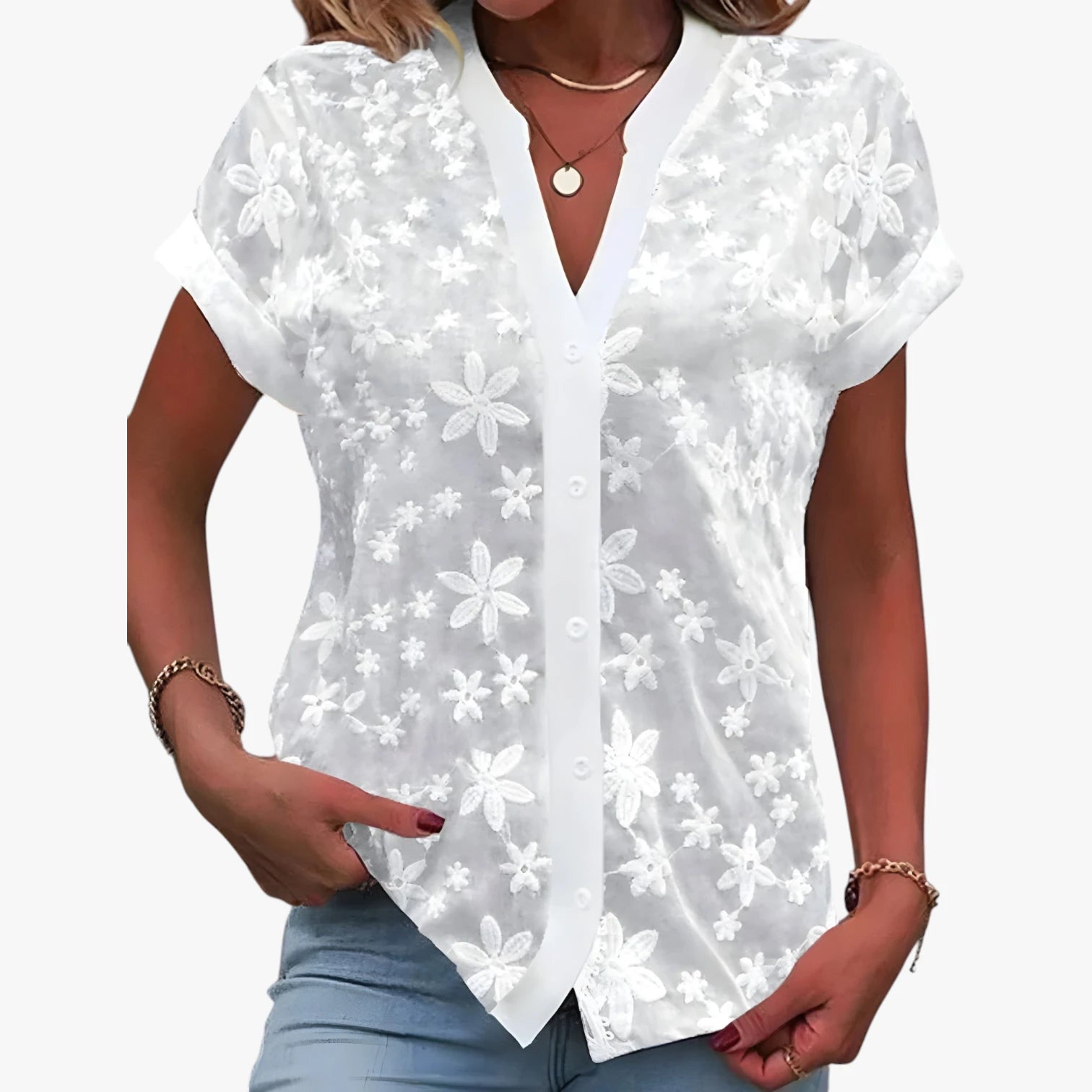 Dame Kortærmet Skjortebluse med Broderi og V-Udskæring