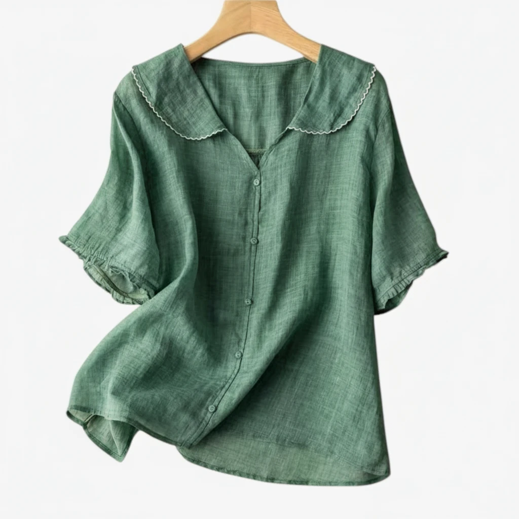 Dame Kortærmet Skjortebluse med Flæsekrave og V-Udskæring