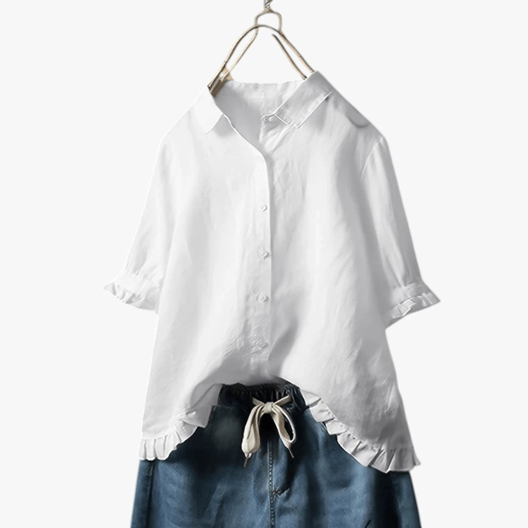Dame Kortærmet Skjortebluse med Flæser og Knapper