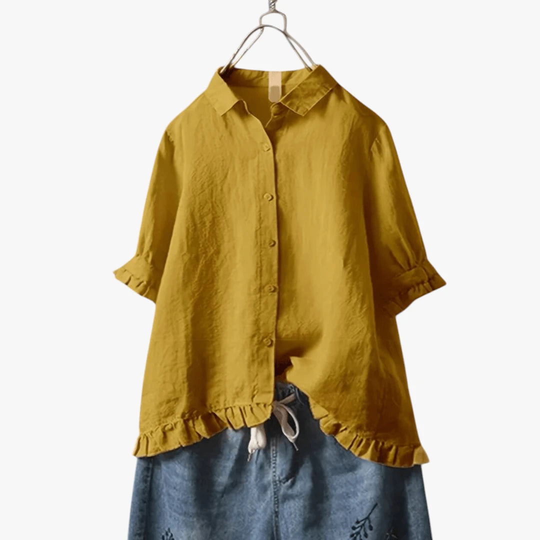 Dame Kortærmet Skjortebluse med Flæser og Knapper