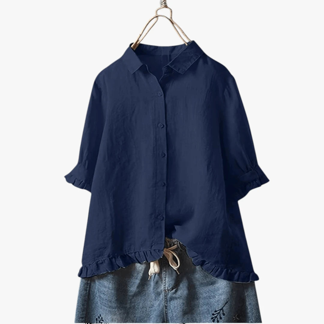 Dame Kortærmet Skjortebluse med Flæser og Knapper