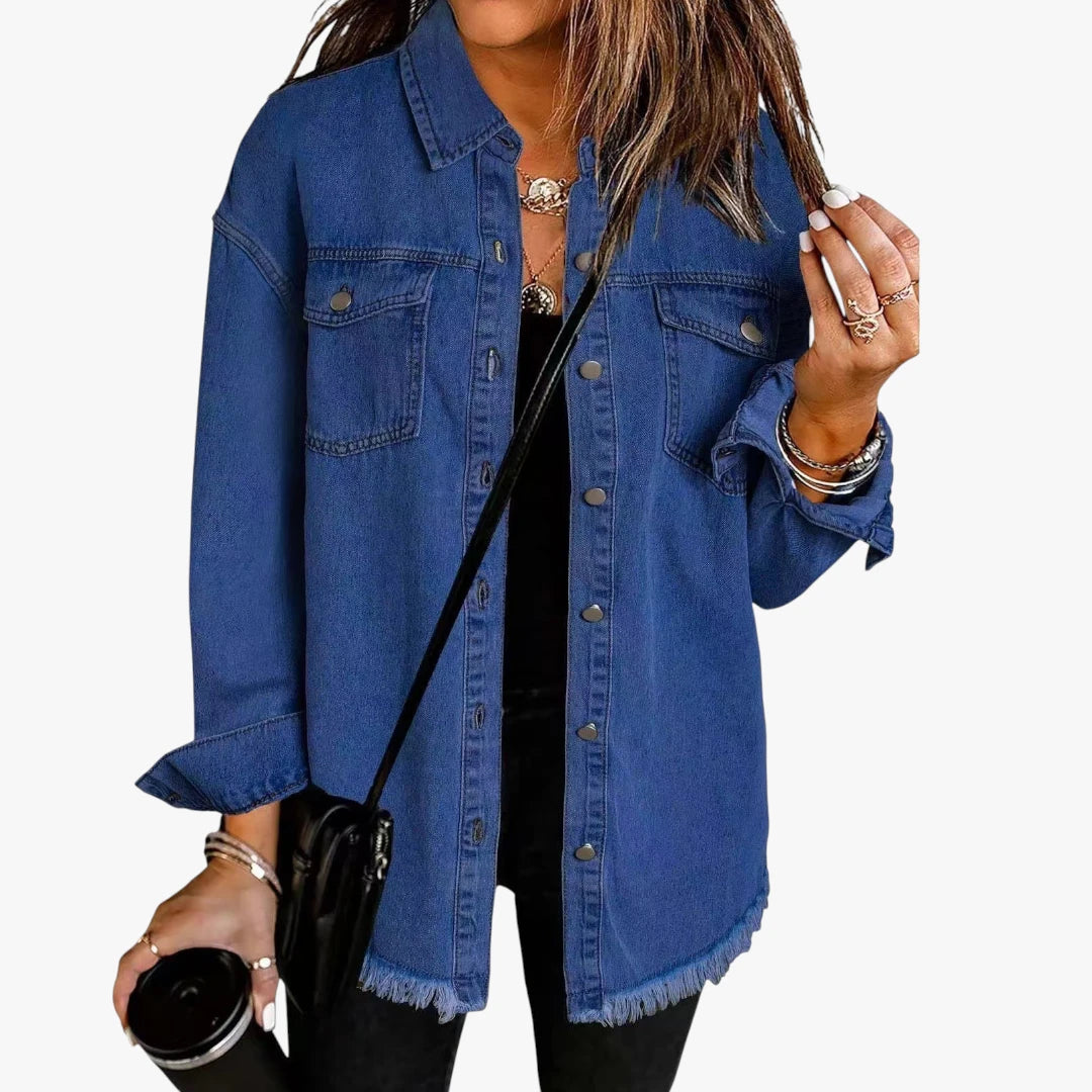 Dame Lang Denimjakke med Frynser