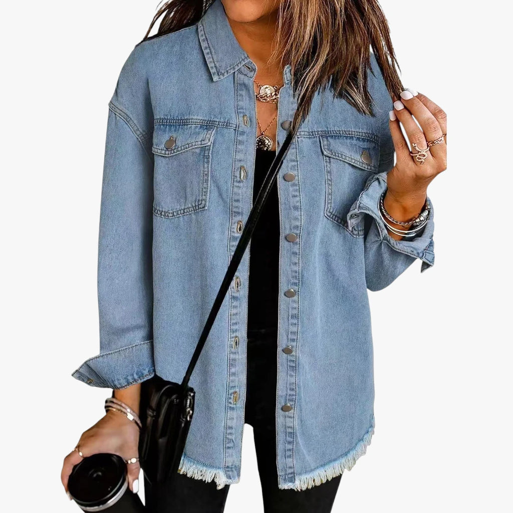 Dame Lang Denimjakke med Frynser