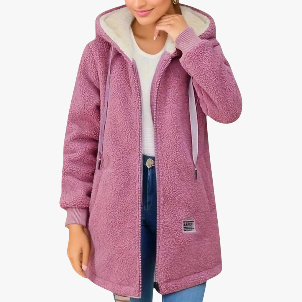 Dame Lang Fleece Jakke med Hætte