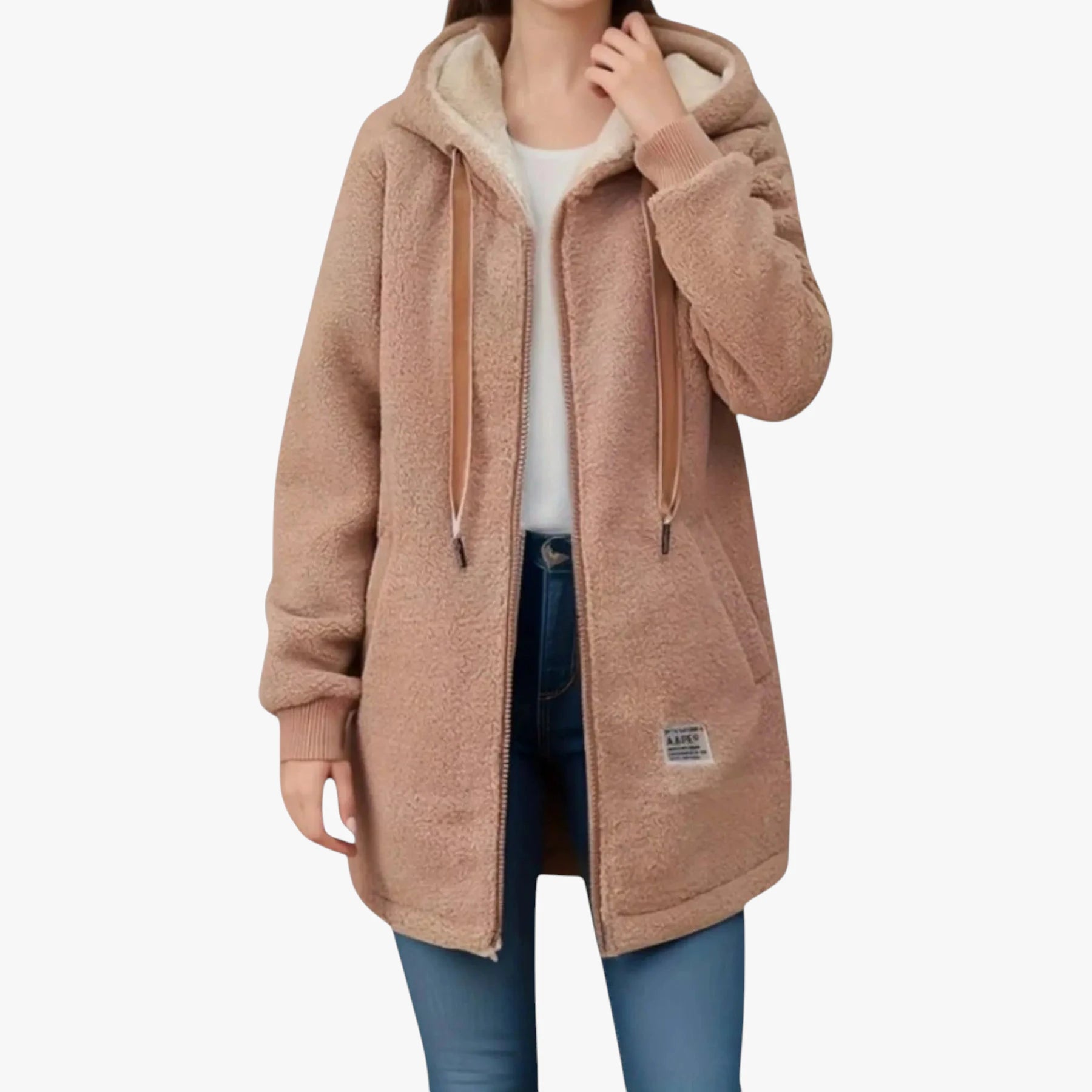 Dame Lang Fleece Jakke med Hætte