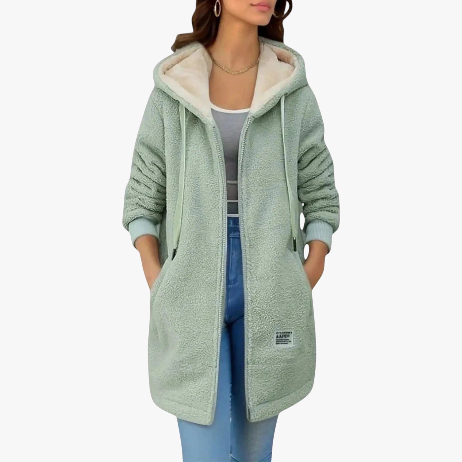 Dame Lang Fleece Jakke med Hætte